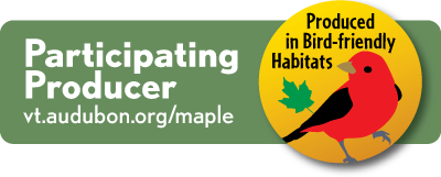Bird Friendly Badge - Illustration of a red bird in a orange circle with a green rectangle behind with white sans-serif type