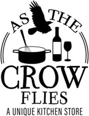 As the Crow Flies Logo - Black serif type with bird, a wisk, pan, and wine