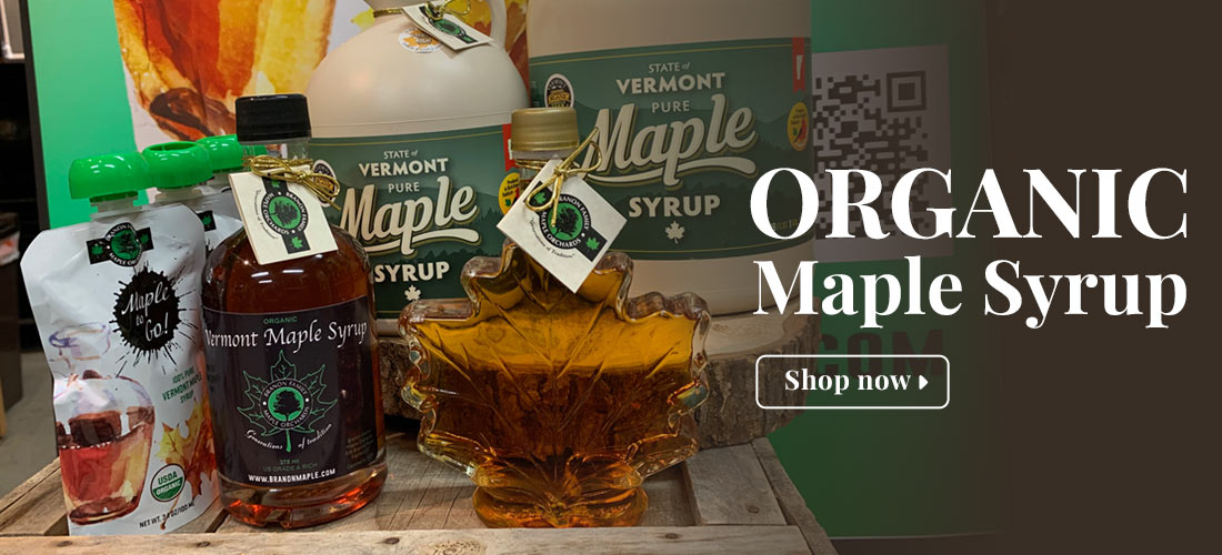 Graphic showing organic maple syrup products with white serif type overlaying