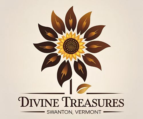 Divine Treasures Logo - Brown serif type with sunflower illustration above