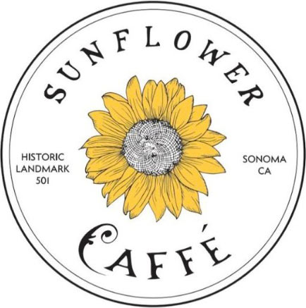 Sunflower Cafe Logo - Sunflower illustration with black serif type inside white circle with black border